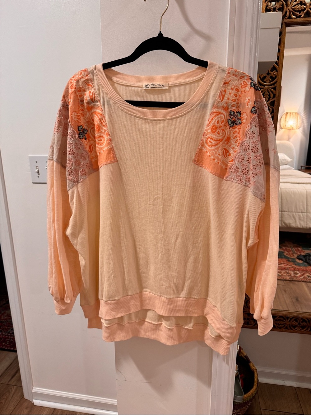 We The Free Peach and Cream Mixed-Media Long Sleeve Top